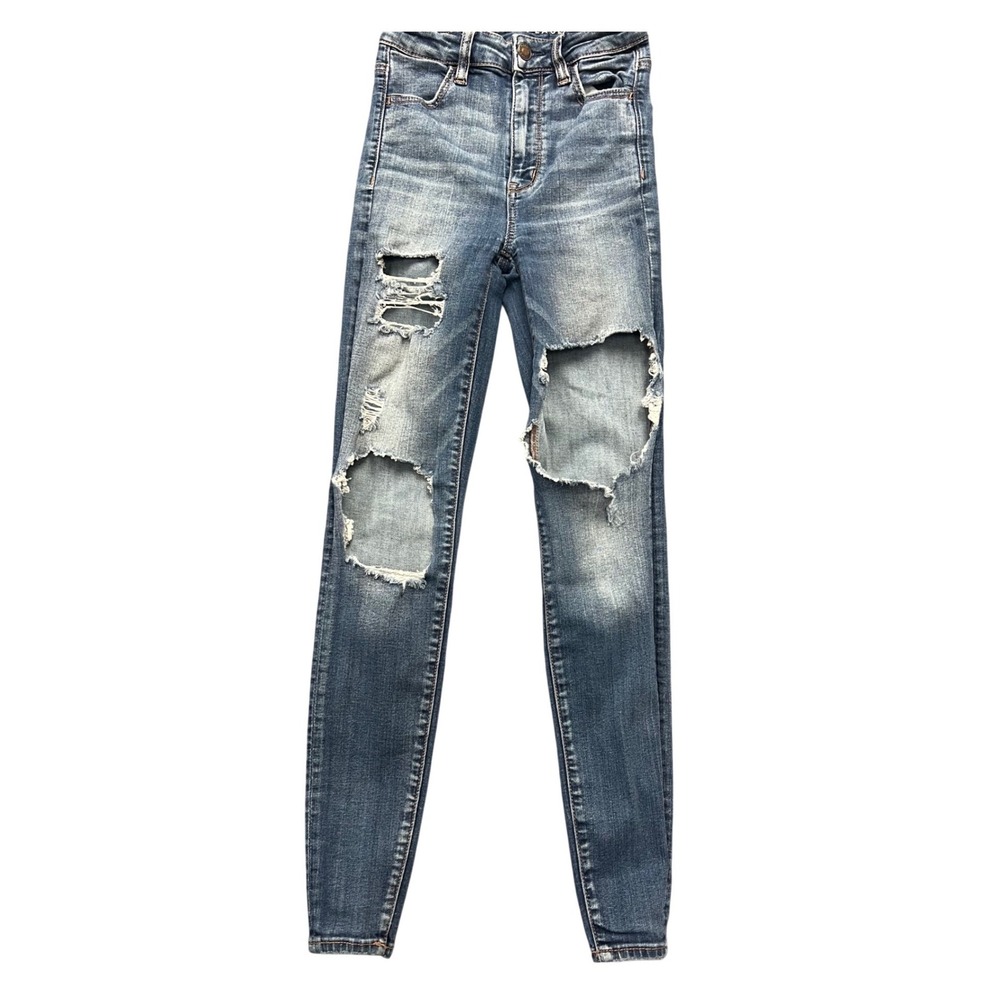 American Eagle Super Super Stretch Skinny Jeans Womens 0 Medium Wash Distressed